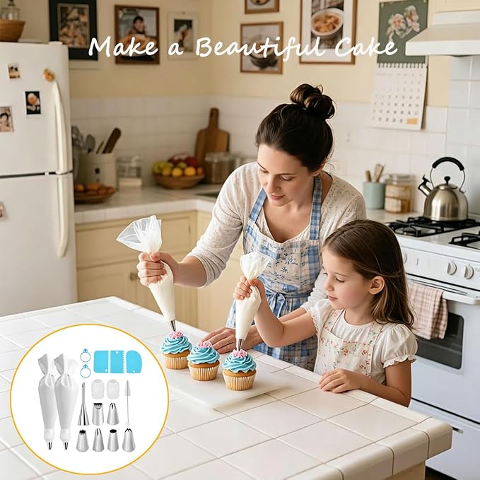 KINGYEENUO Piping Bags and Tips Set, Reusable Cake Decorating Supplies | 16 Inch Cotton Pastry Bags with Stainless Steel Icing Nozzles, Leak-Proof Cake Kit for Cupcakes, Cookies, (Dishwasher Safe)