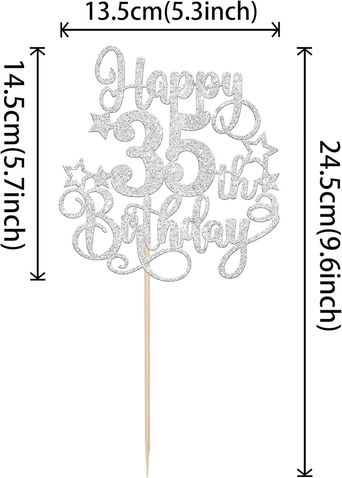 1 PCS Happy 35th Birthday Cake Topper Glitter Cheers to 35 Years Birthday Cake Pick Hello 35 Fabulous Cake Decoration for Happy 35th Birthday Anniversary Party Decorations Supplies silver