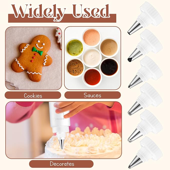 LemonRoad 4 Pcs Piping Bottles for Icing Cookie Decorating Supplies Plastic Squeeze Bottles with 6 Different Piping Tips for Cookie Icing Kit Pancake Squeezing Applicator Writer(8 oz)
