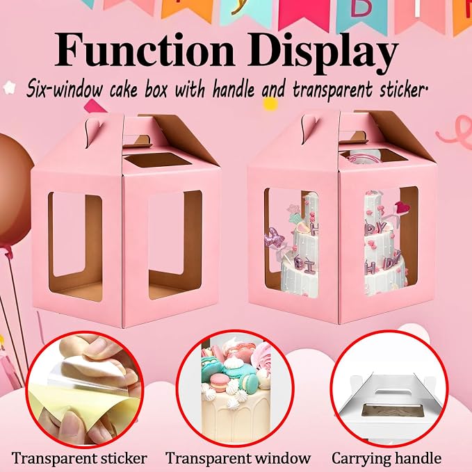 Cake Boxes - 2 Pack Tall Cake Box 12x12x14 Inch | Disposable Layer Carrier with 6 Window Large Tierd Cake Out Transport Containers with Handle for Wedding Birthday, Party-Pink