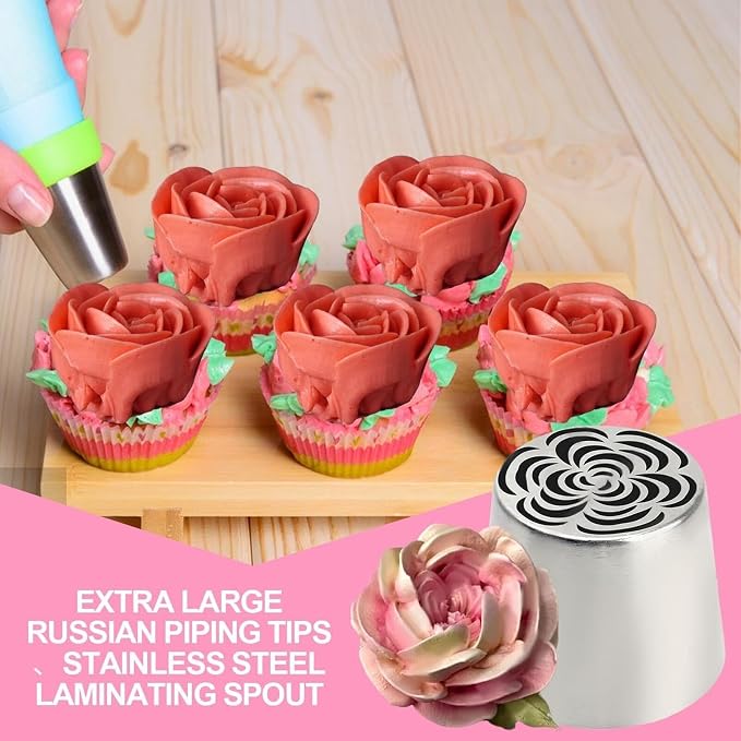 Piping Nozzle 2pcs Extra Large Russian Piping Tips, Stainless Steel Flower Nozzles Set, Rose & Floral Icing Tips for Cupcakes, Cookies Professional Baking Tools Icing Tips