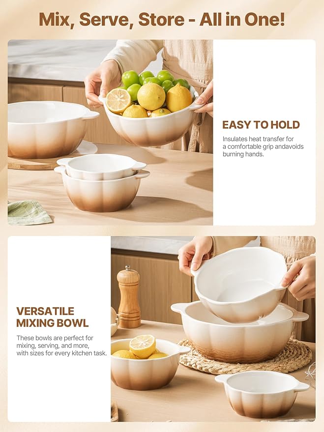 Ceramic Soup Bowls with Handle, Large Serving Bowls Set of 4, 14/24/45/78 oz Food Storage Bowls Containers for Cooking, Baking, Salad, Ramen Bowls Oven Safe, Brown