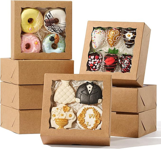 100 Pack 6"x6"x2.5" Brown Square Gift Boxes with Window -Chocolate Covered Strawberries, Small Cake, Cookie, Pastry, Mini Donitas & Cakesickle Truffle Chocolate Boxes