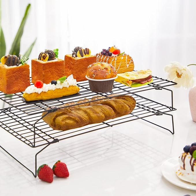 meekoo 2 Pack 4 Tier Cooling Rack Stackable Collapsible Folding Legs Stainless Steel Wire Rack for Baking Cooking Drying Roasting Cookies Bread Meat, 16 x 10 Inch