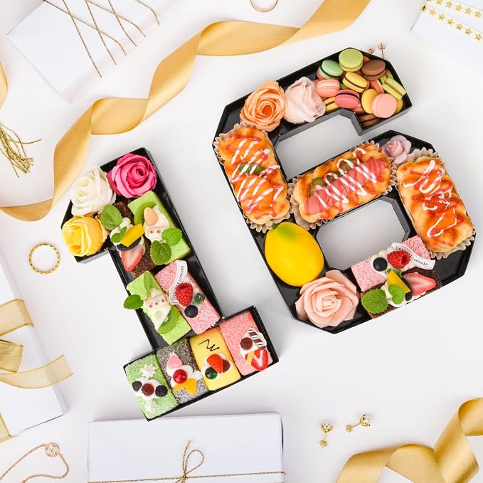Cardboard Number for Charcuterie 16 Set Fillable Tray 10.2'' Black Charcuterie Paper Box for 16th Birthday Anniversary Party Decorations Chocolate Candy Cupcake Container