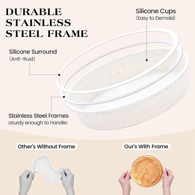 6 inch Silicone Round Cake Pans with Metal Reinforced Frame, Nonstick Small Smash Cake Molds for Baking, BPA Free Set of 3 (Cream)