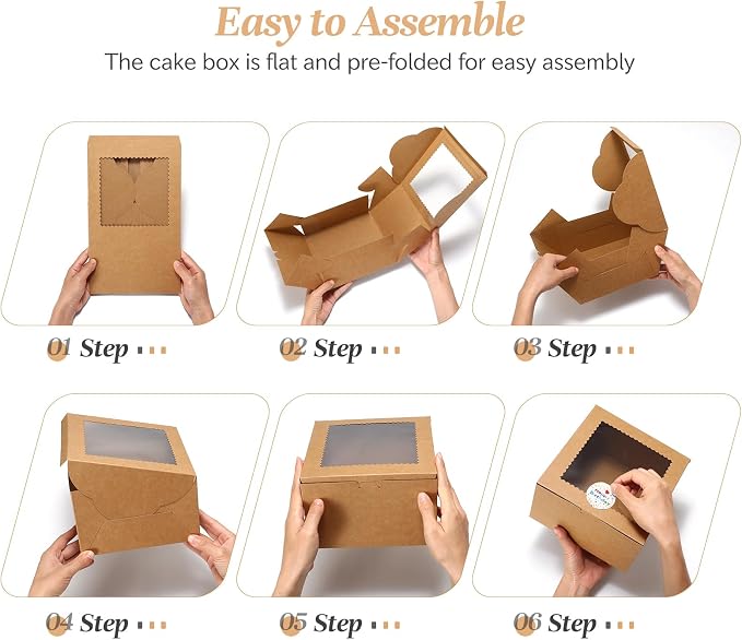 COTOPHER 50 Pcs Cake Boxes 8 Inch, 8x8x5 Inches Cake Containers (25 Boxes & 25 Boards), Brown Bakery Boxes with Windown for Cookies, Desserts, Cupcake, Pastries, Birthday, Wedding, Mother's Day