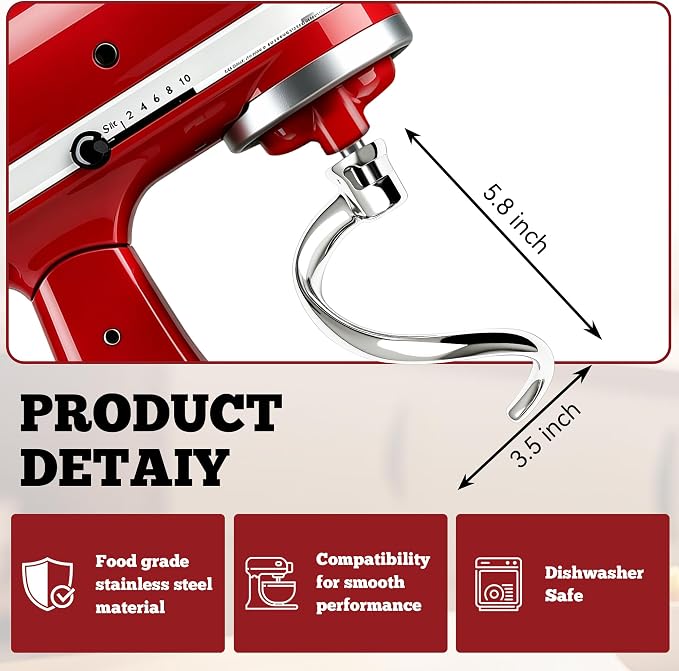 Stainless Steel Spiral Dough Hook for KitchenAid Tilt-Head Stand Mixer, Dough Hook Attachment Compatible with 4.5QT & 5QT Mixers, Dishwasher Safe, Efficient Kneading for Bread, Pizza & Pasta Dough | Heavy-Duty Construction Rust Resistant Food-Grade Eas...