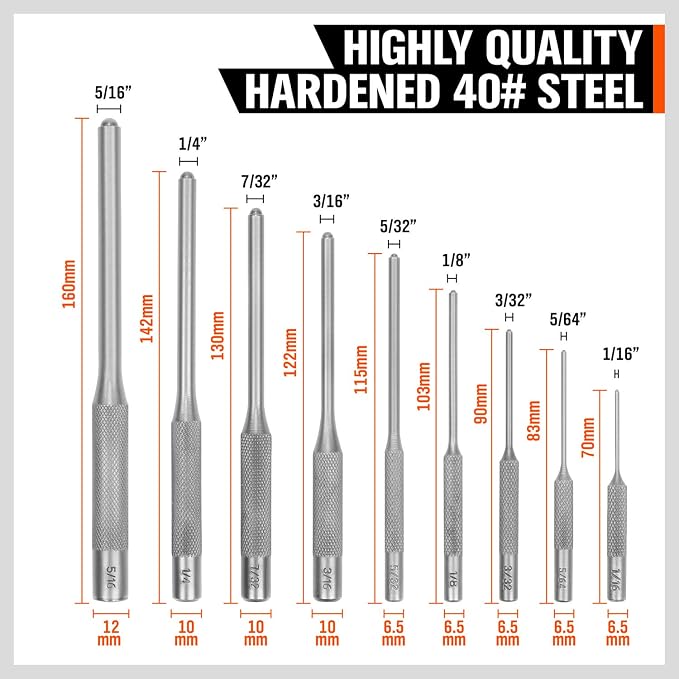 9-Piece Roll Pin Punch Set - Fast Pin Removal - Durable Steel & Construction - For Automotive, Firearm Maintenance, Watch, Jewelry & Craft Repair - Knurled Grip - Versatile Sizes