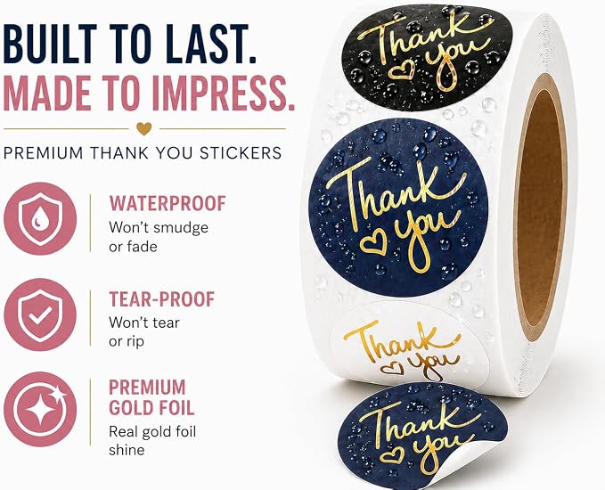 500 2 inch Thank You Stickers – Round Labels with Gold Foil Heart (Black, White, Pink, Navy)– Large Stickers for Small Business Packaging, Envelopes, Gift Bags & Orders – Self-Adhesive Seals