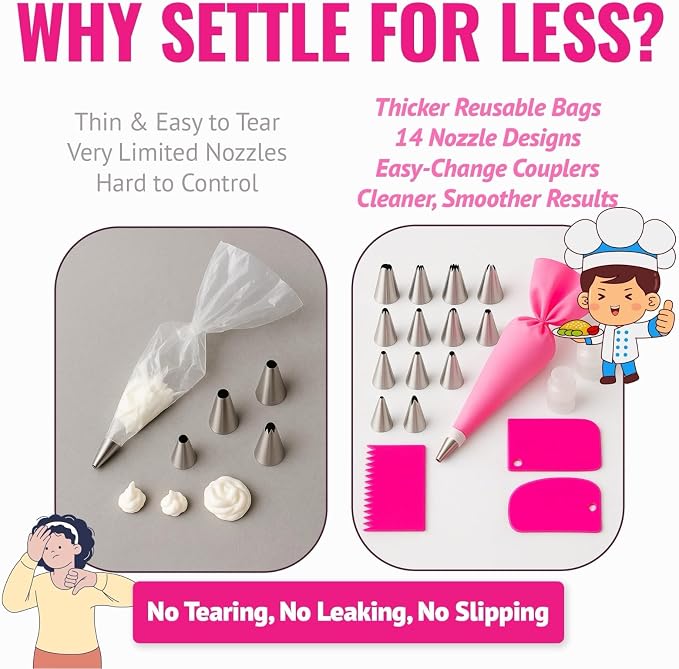 Piping Bags and Tips Set, 21 Piece Reusable Cake Decorating Kit with 14 Stainless Steel Nozzles, 2 Silicone Piping Bags, 2 Couplers and 3 Scrapers for Cupcaskes, Cookies & Icing