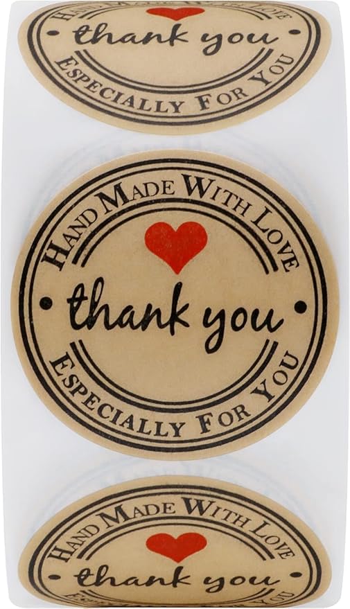 500PCS Hand Made with Love Stickers,1.5 Inch Large Round Thank You Baking Stickers Canning Bottler Labels for Baked Goods Packaging Jam, Jelly Jar,Mason Jars,Cookie Bags Supplies (Brown Handmade)