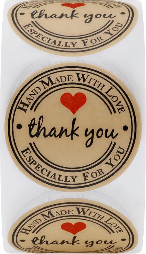 1000PCS Hand Made with Love Stickers,1 Inch Small Round Thank You Red Heart Baking Stickers Label Bakery Sticker for Baked Goods Packaging Jam, Jelly Jar Canning Bottles,Cookie Bags (Brown)..