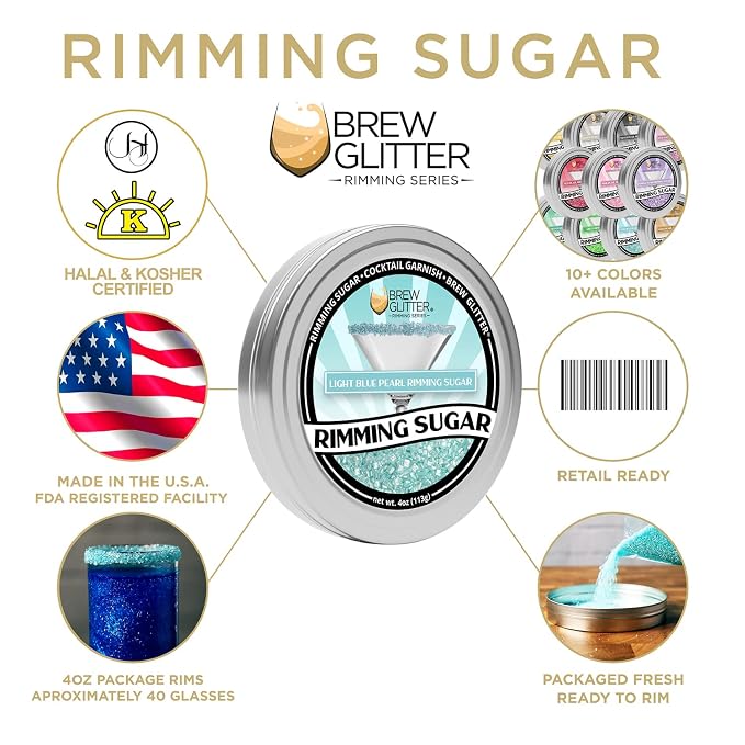 Brew Glitter - Light Blue Pearl Rimming Sugar (1LB, 1x Resealable Bag) Cocktail Garnish for Mixed Drinks & Refreshments