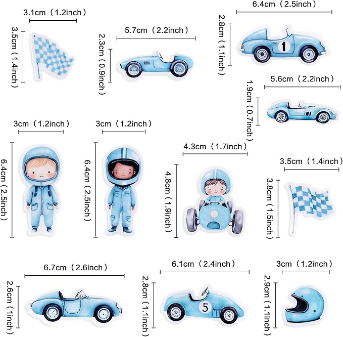 55Pcs Edible Cartoon Blue Race Car Cupcake Toppers Edible Racing Boy Driver Cupcake Picks for Racing Car Baby Boys Birthday Cupcake Decorations Boys Blue Birthday Party Decorations