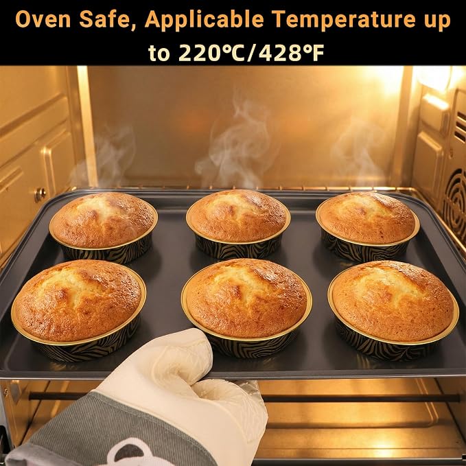 Beasea Disposable Cupcake Pans with Lids, 100 Pack 7.3oz Aluminum Baking Foil Tart Pie Tins, Small Round Tart Containers for Individual Dessert Muffin Cheesecake Quiche Oven Dishes - Tiger Stripes