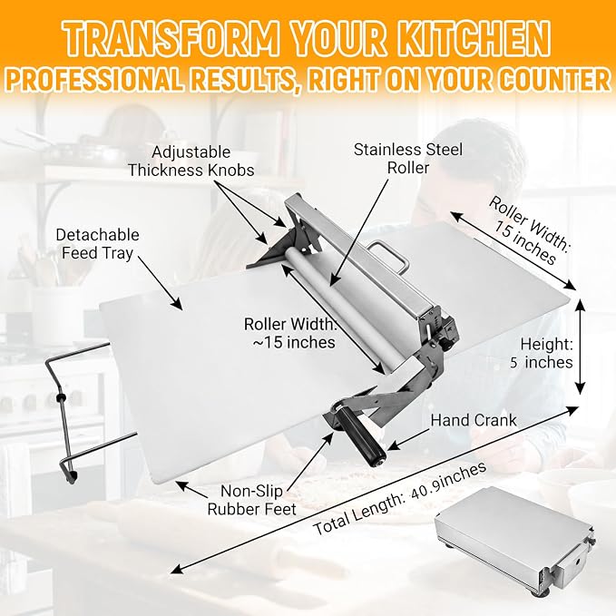 15.5" Folding Dough Sheeter Manual Dough Roller Machine with Sheeter Board Stainless Steel Dough Machine with 55 Adjustable Thicknesses Suitable for Pizza Pie Croissants and Puff Pastry