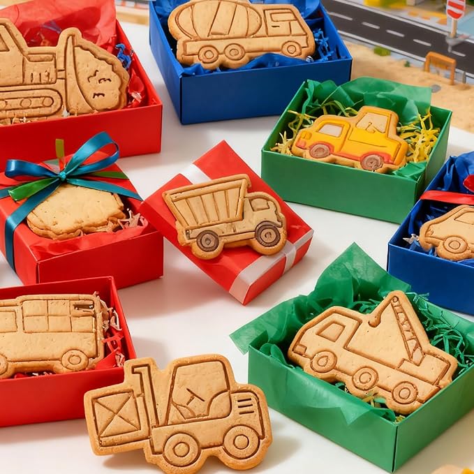8 Pcs Construction Vehicle Themed Cookie Cutters Set Cute 3D Cartoon Excavators Bulldozers Biscuit Cookie Stamps for Party Cookie Baking Frosting Decoration Fondant Muffins Cheese Mousse