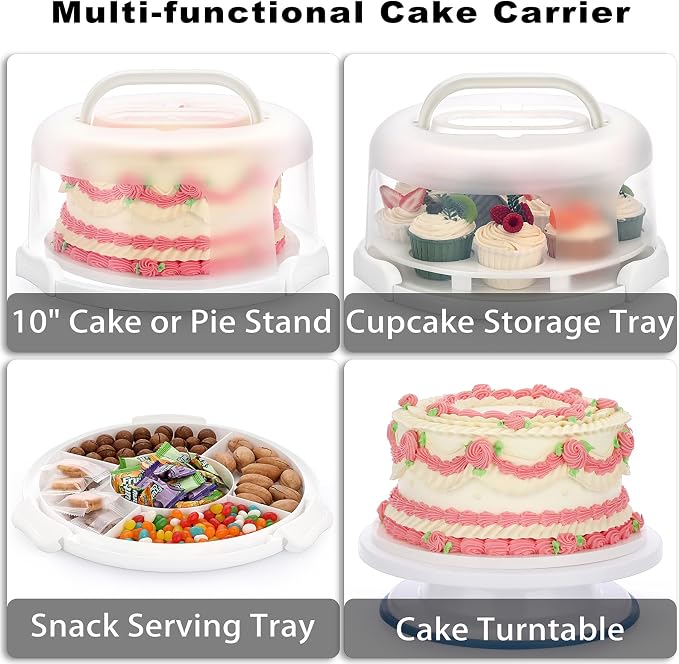 BSTKEY Portable Cake Carrier with Lid and Handle, Cake Turntable + Cupcake Storage Tray for Transport, 10" Round Cake Container Holder with Two Sided Base for Pies Nuts Fruit Cookies, White