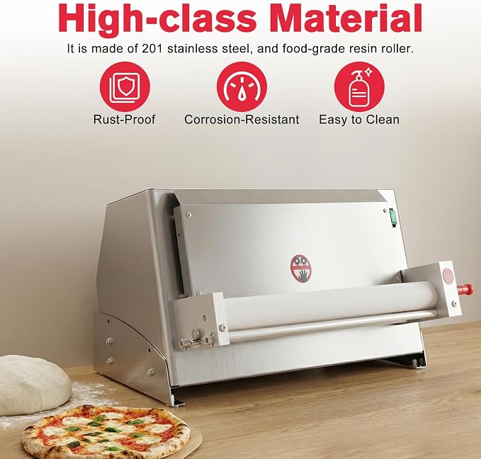 3-18 Inch Pizza Dough Roller Sheeter, 110V 450W Electric Stainless Steel Dough Roller Sheeter Commercial Automatic Pizza Press Making Rolling Machine with Adjustable Thickness for Bakeries Pizza Shop