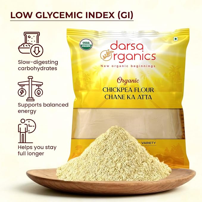 Darsa Organics Chickpea Flour 2 lb - Premium Stone Ground Besan Flour - Gluten Free Garbanzo Bean Flour for Baking and Cooking - Non-GMO Gram Flour, Chemical Free, Vacuum Sealed Bag