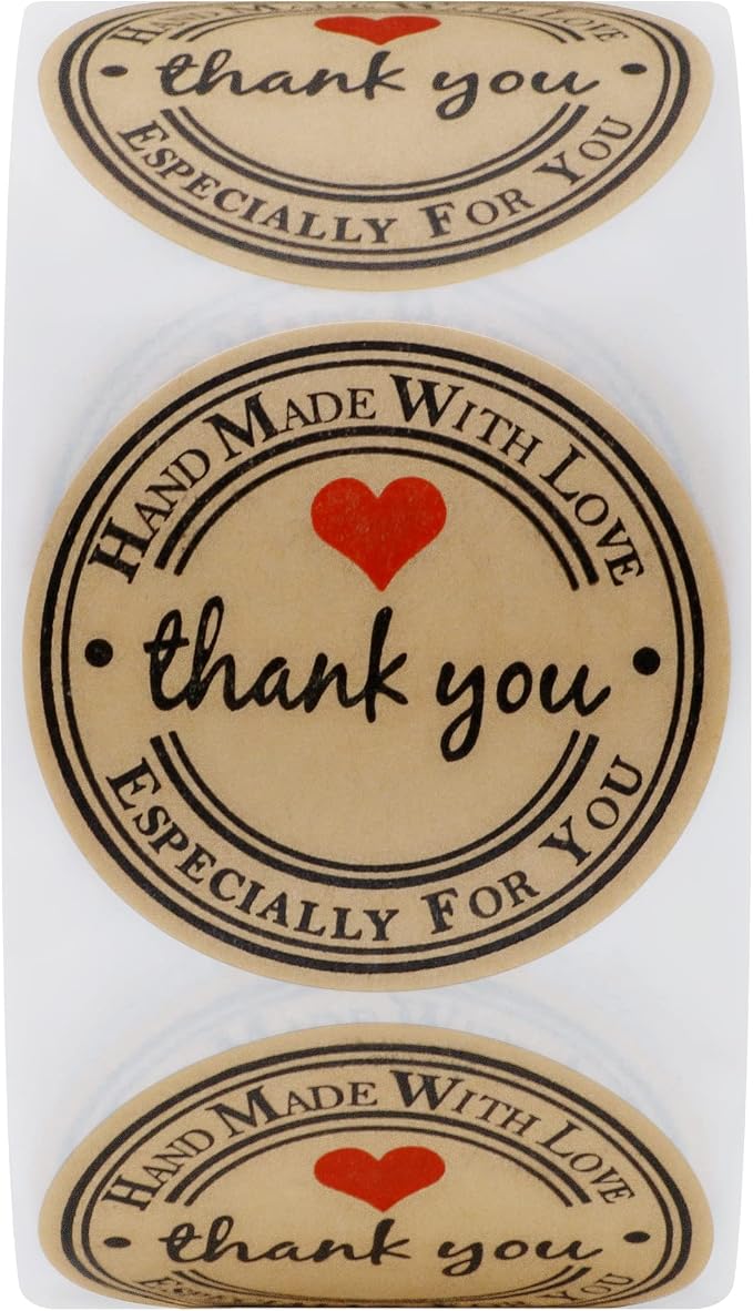 HYBSK Kraft Thank You Hand Made with Love with Red Heart Stickers 1.5" Inch Round Total 500 Adhesive Labels Per Roll (Kraft)