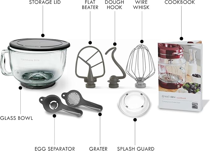 Kenmore Elite Ovation 5 Qt Stand Mixer, 500 Watts, with Revolutionary Pour-In Top, Tilt Head, Flat Beater, Whisk, Dough Hook, 360-degree Splash Guard, Glass Bowl, LED Light, Metallic Grey