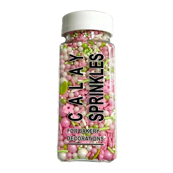 Homipooty Pink Flowers Sprinkles for Cake Decorating Edible Spring White Green Sugar Pearls Baking Cake Cookie Cupcake and Cake Topper Decorations