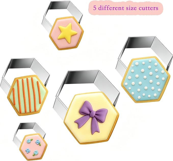 5pcs Hexagon Cookie Cutter Set, with 50pcs Thick Piping Bags Stainless Steel Soccer Ball Cookie Cutter Football Cake Decorations | Geometric Biscuit Sandwiches Fruit Cutter for Birthday Cake Cupcake