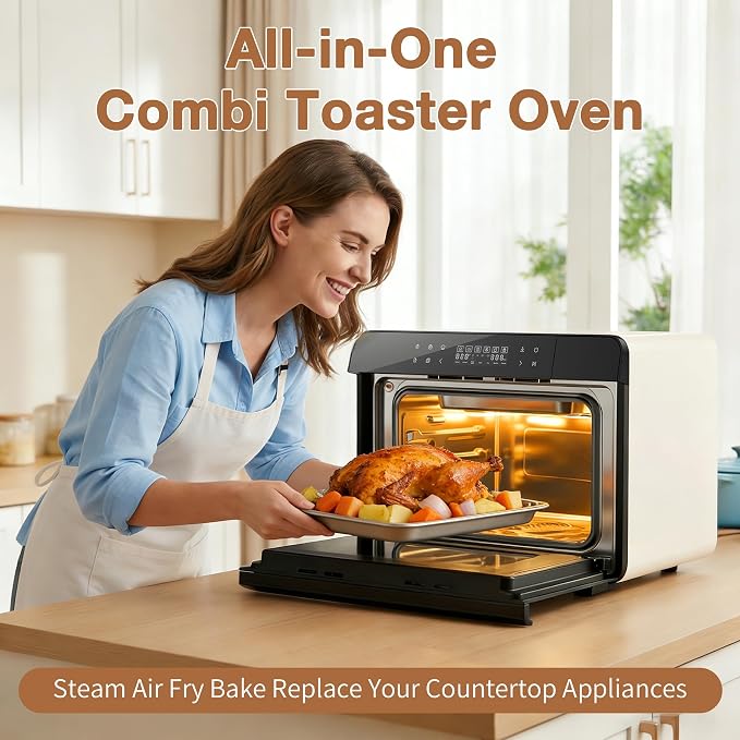 ROBAM Toaster Air Fryer Combi Oven, Countertop Steam Oven 14-in-1 with Convection Steam Roast & Bake, Multi-Stage Cooking, Self-Clean, 7 Modes, 30 Built-In Recipes, for Kitchen Pizza Baking (White)