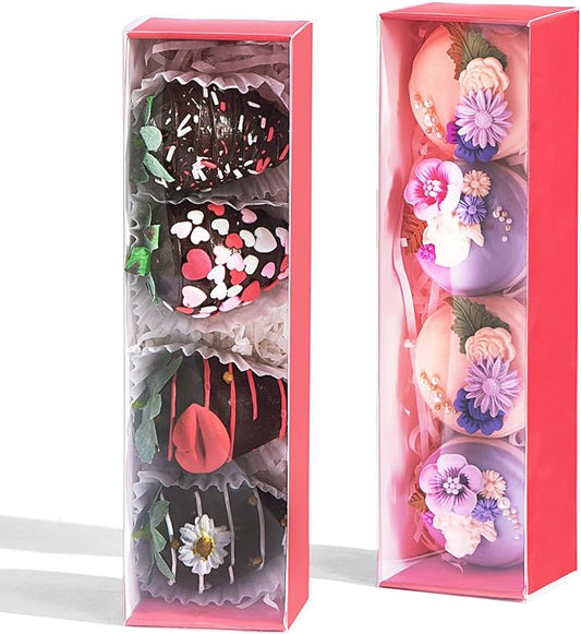 TEMLQPACK 25Pack Red Chocolate Covered Strawberry Box for 4, Macaron boxes, Long Treat Box for Truffles, Cookies, Ores, Chocolate Cocoa Bombs&Cake Ball Bakery Packaging Supplies