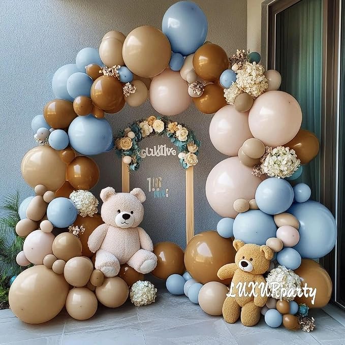 Blue Brown Nude Balloon Garland Double Stuffed Dusty Blue Coffee Pastel Balloon Kit for Teddy Bear Baby Shower Boy Birthday Gender Reveal Boho Theme Party Decorations
