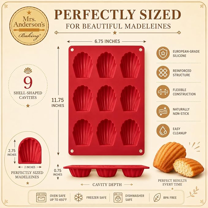Mrs. Anderson's Baking Silicone Madeleine Cookie Pan, 9 Cup, European-Grade Silicone Bakeware, For Madeleine Cookies And Shell-Shaped Pastries