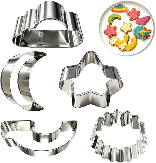 5Pcs Stainless Steel Cookie Cutters, Food Grade 5 Shapes | Kid-safe stainless steel; Star/moon/sun/cloud/rainbow shapes; For cookies, pancakes, playdough; Rolled edges.