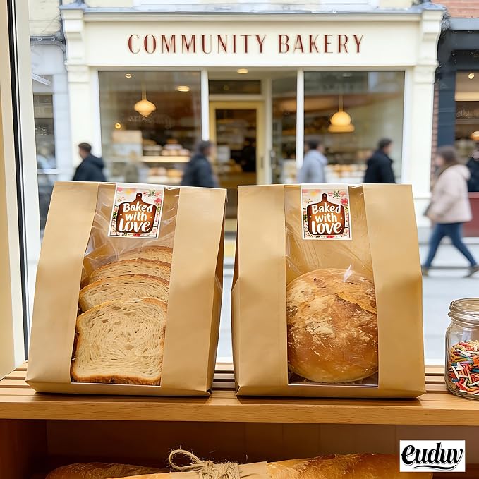 16"X10"X5" Extra Large Paper Bread Bags for Homemade Bread with Window & Sticker for xl Sourdough Bread, Very Wide Bread Loaf, Baked Goods, Packaging for Gifting - Brown Kraft 25Pcs