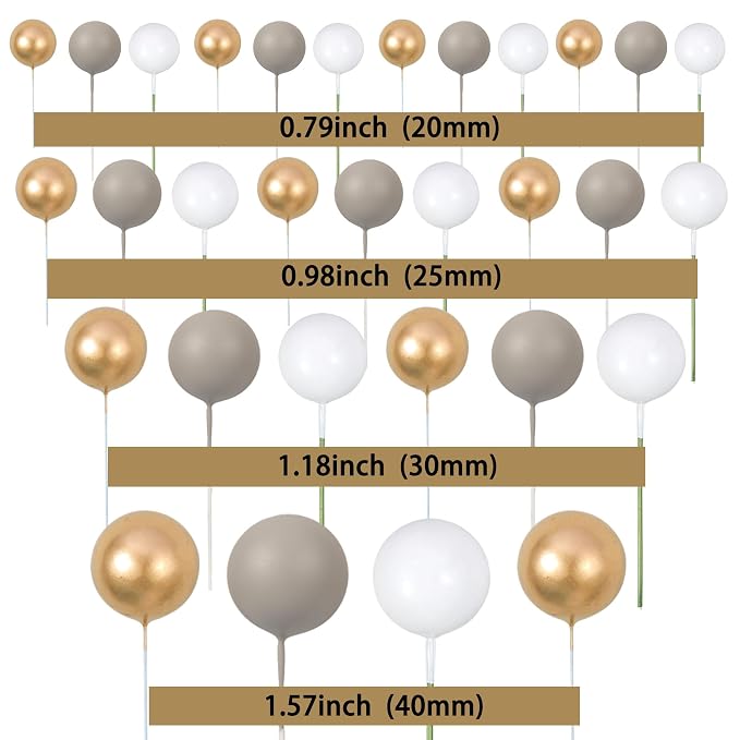 Gyufise 30Pcs Ball Cake Toppers Balls Cupcake Toppers Insert Foam Ball Cake Picks Mini Balloon Cake Decoration for Wedding Baby Shower Birthday Party Cake Decorations Supplies Dark Grey Gold White
