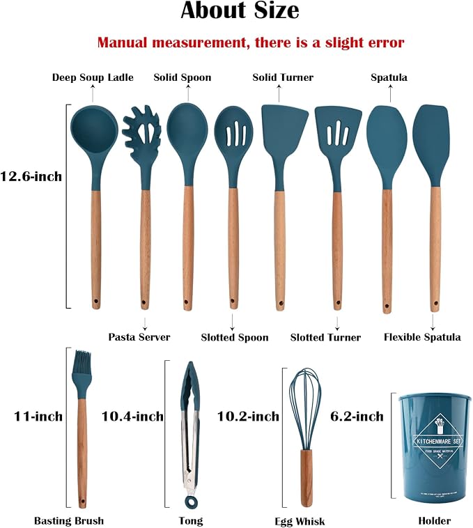 1pc Blue Silicone Soup Ladle Spoon with Wood Handle, Unbreakable Cooking Serving Spoon Scoop for Cooking Sauce/Stews/Gravies Canning and Pouring