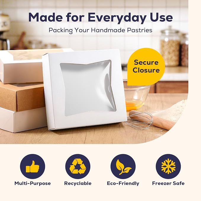 [25 Pack] Bakery / Pie Box with Window 10x10x2.5" - White Cardboard Packaging for Cupcake, Cookies and Pastry, Restaurant Containers And Personalized Favors