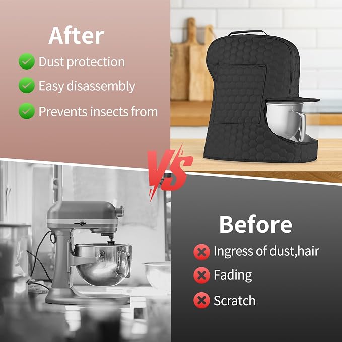 Stand Mixer Dust Cover Compatible with KitchenAid Mixer - Storage Bag for 6/7/8 Quart Bowl Lift with Pockets for Kitchen Aid Accessories and Attachments(Black,Fits for 6-8 Quart）
