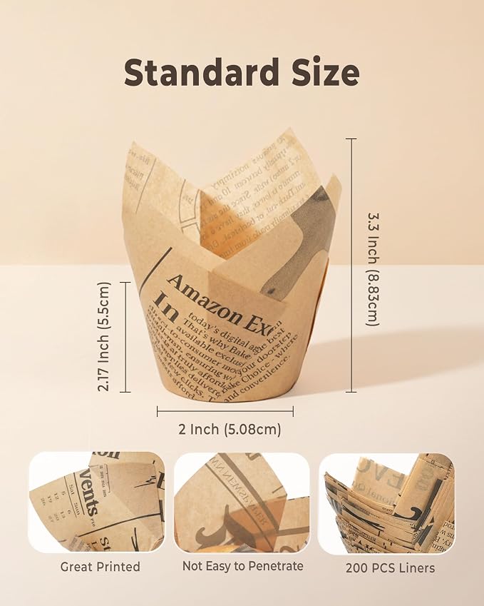 Bake Choice 200pcs Tulip Cupcake Liners for Baking Cups Newspaper Print Parchment Paper Tulip Muffin Liners, Grease Resistant Cupcake Wrappers for Party, Christmas