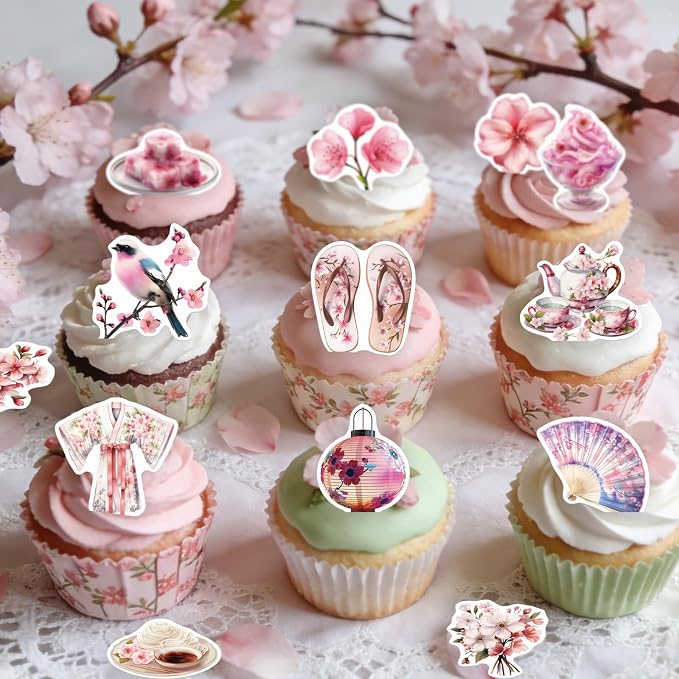 56PCS Edible Cherry Blossoms Cupcake Toppers Japanese Edible Cherry Flowers Tree Cake Picks Wafer Paper Cherry Cupcake Decors for Cherry Theme Party Cake Supplies