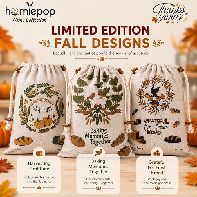Bread Bags for Homemade Bread, 3 Pack Linen Bread Bags with TPU Lining, Reusable Sourdough Bread Storage Bags, Drawstring Closure, 17 x 13 Inch, Thanksgiving Fall Design, Gift Ready Box