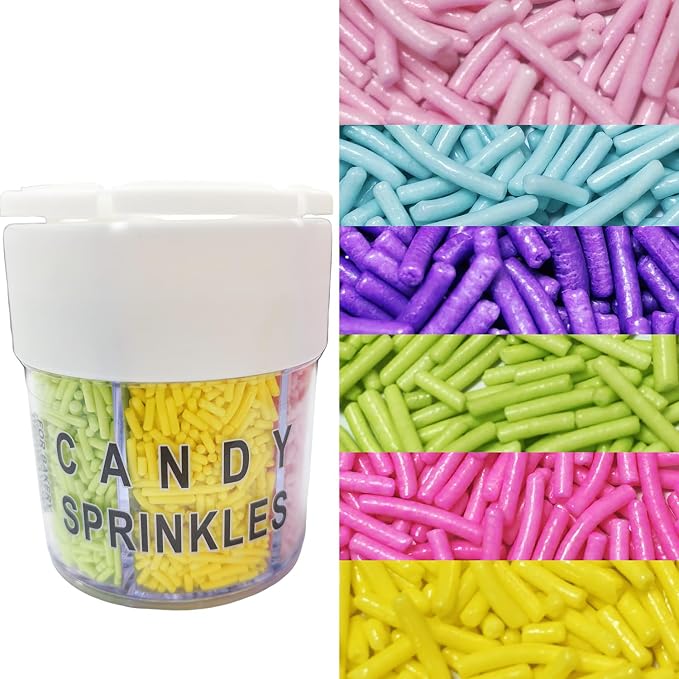 Senchanting 6 Cell Edible Mix Jimmies Sprinkle for Cake Decorating, Edible Pastel Jimmies Mix for Decorating Baking Cupcakes Cake Cookies Ice Creams Donuts Topper Candy (Pink Blue Purple Grass Green Dark Pink Yellow )