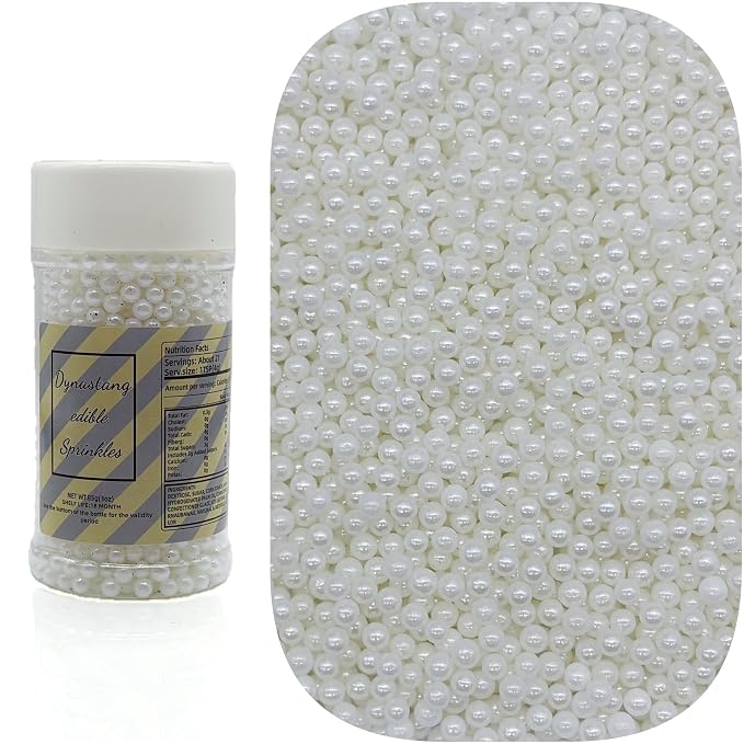 Dynastang 4mm White Pearls Sprinkles Edible Pearls Cake Decorating Stars Cake Decorations Cupcake Toppers Cookie Decorating Perfect for Cakes, Cupcakes, Desserts Toppings 3OZ