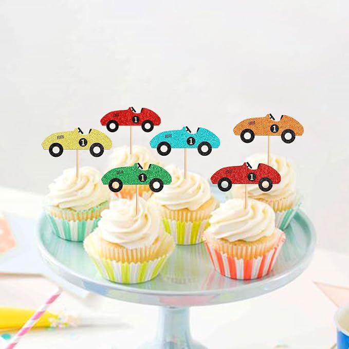 Ercadio 25 Pcs Colorful Race Cars Cupcake Toppers Cute Race Cars Cupake Picks for Racing Car Baby Shower Kids Funny Birthday Party Decoration Supplies