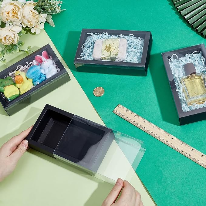 PH PandaHall Drawer Kraft Boxes 6.7x3.9x1.6 Inch Black Gift Boxes with Clear PVC Windows Rectangle Paper Box Party Favor Box for Candy Cookies Bakery Jewelry Crafts Gifts Wrapping, 12pcs