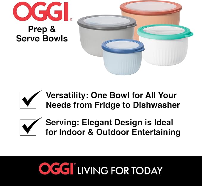 Oggi Prep, Store & Serve Plastic Bowl w/See-Thru Lid- Dishwasher, Microwave & Freezer Safe, (4 qt) White/Aqua (Pack of 12)