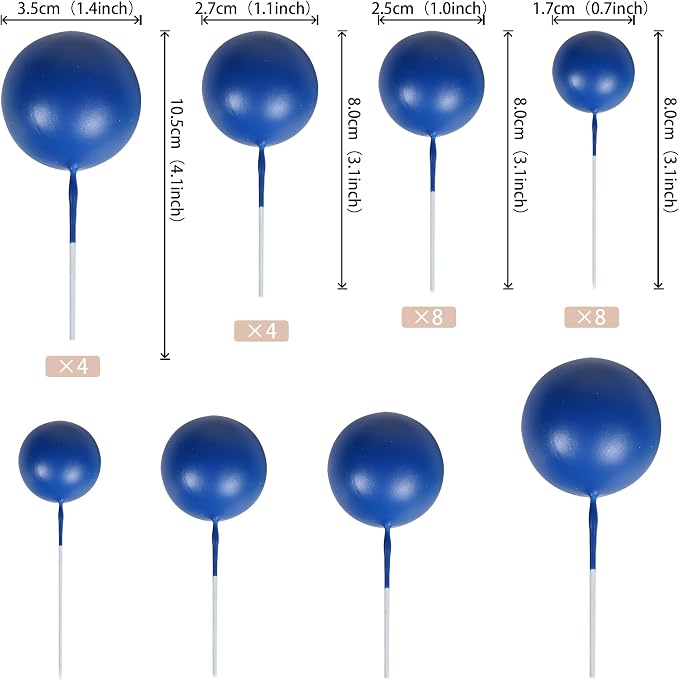 24 PCS Ball Cake Toppers Balls Cupcake Toppers Foam Ball Shaped Cake Picks DIY Balloons Cake Insert Topper for Wedding Enagement Baby Shower Birthday Party Cake Decorations Supplies Royal Blue