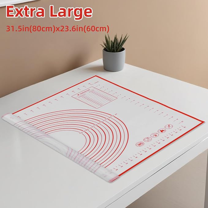 Large Silicone Baking Mat 32 x 24" Red Silicone Pastry Mat for Rolling Out Dough Rolling Mat - Pie Crust Mat Oven Liner with Measurement