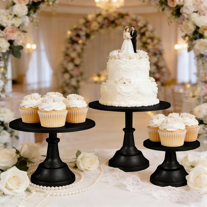 3 Pcs Cake Stand Set Metal Round Cake Holder Cupcake Stands 8/10/12 inch Black Dessert Display Stands Dessert Table Decorations for Birthday Parties, Baby Shower,Wedding Banquets and Anniversary